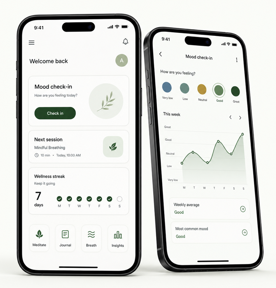 FEELYUP dashboard and mood tracker on two phones